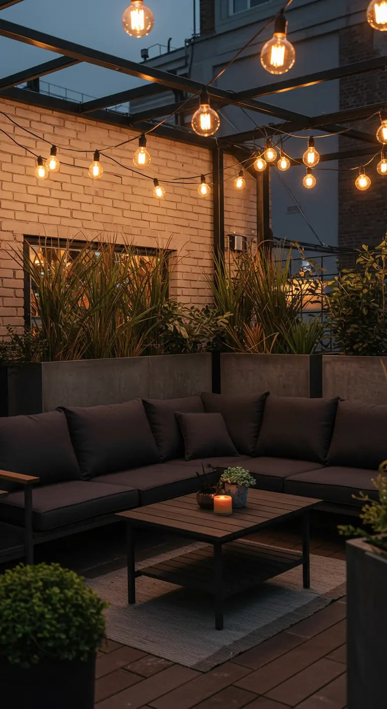 Terrasse cosy avec grand canapé gris, table basse et guirlandes d'ampoules suspendues.