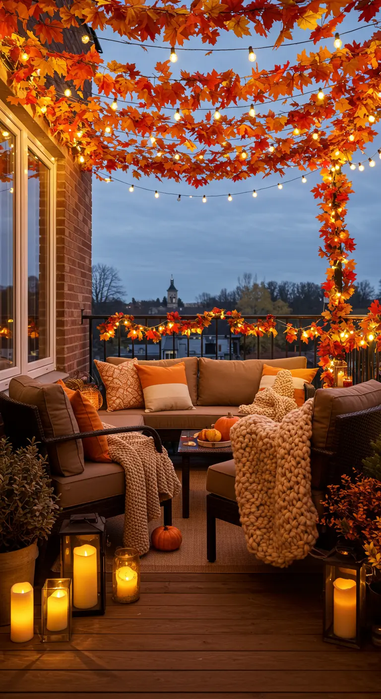 Balcon décoré de guirlandes de feuilles lumineuses, canapés avec coussins orange, plaids et lanternes.