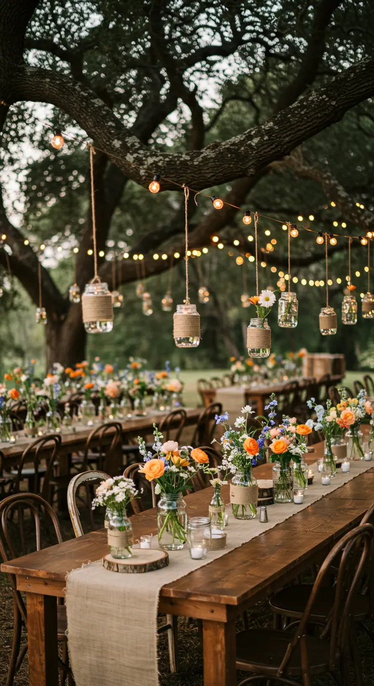 Table de mariage rustique en extérieur, guirlandes lumineuses, bocaux fleuris et bougies.