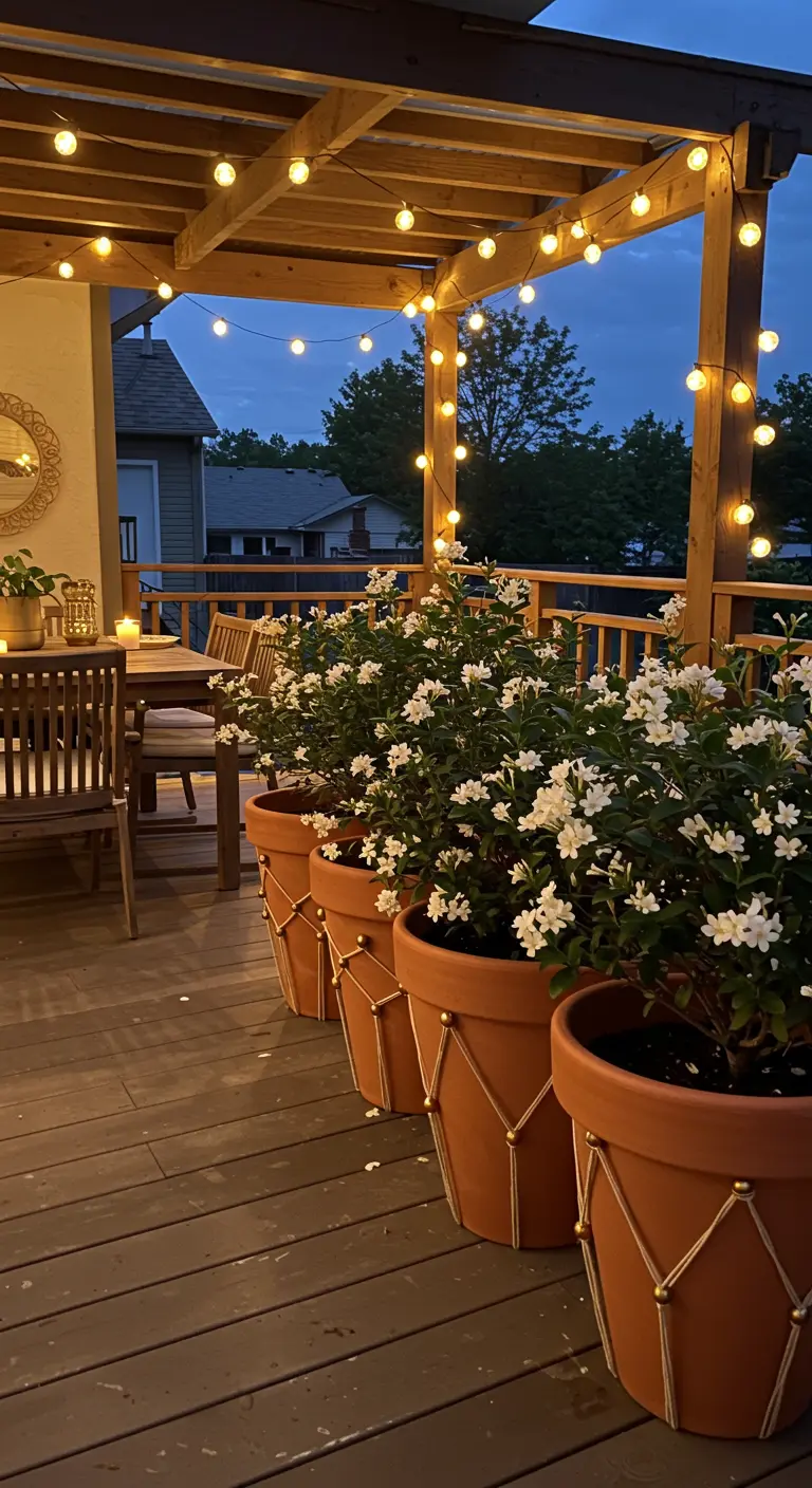 Terrasse de nuit avec de grands pots en terre cuite décorés de cordes et éclairés par des guirlandes.
