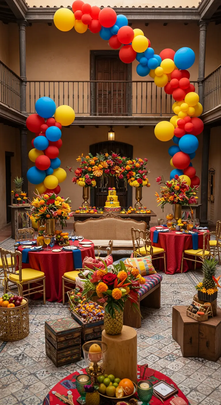 Fête colorée dans une cour de style hacienda avec des ballons et des fleurs vives.