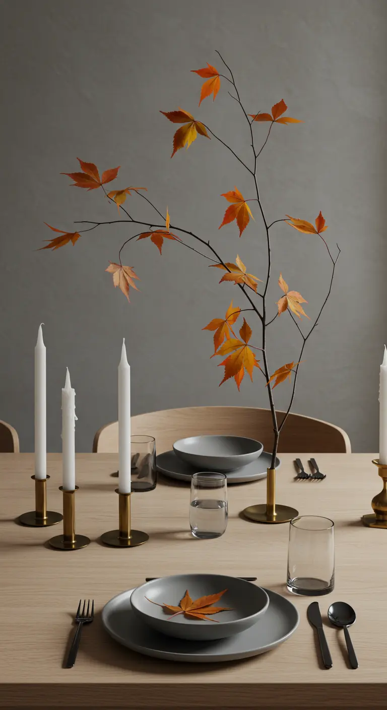 Table minimaliste avec une seule branche d'érable dans un vase et de la vaisselle sobre.