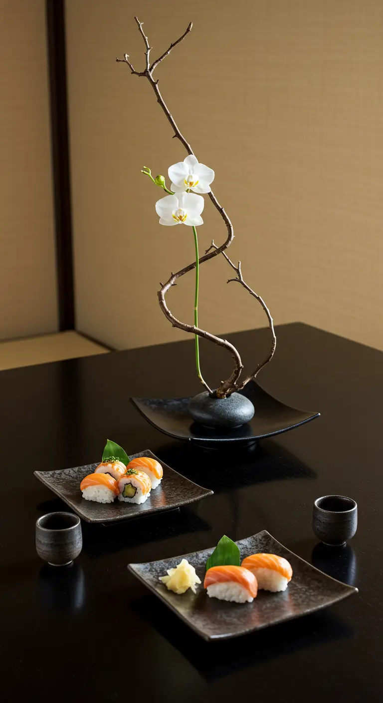 Composition florale de style Ikebana avec une branche et des orchidées blanches