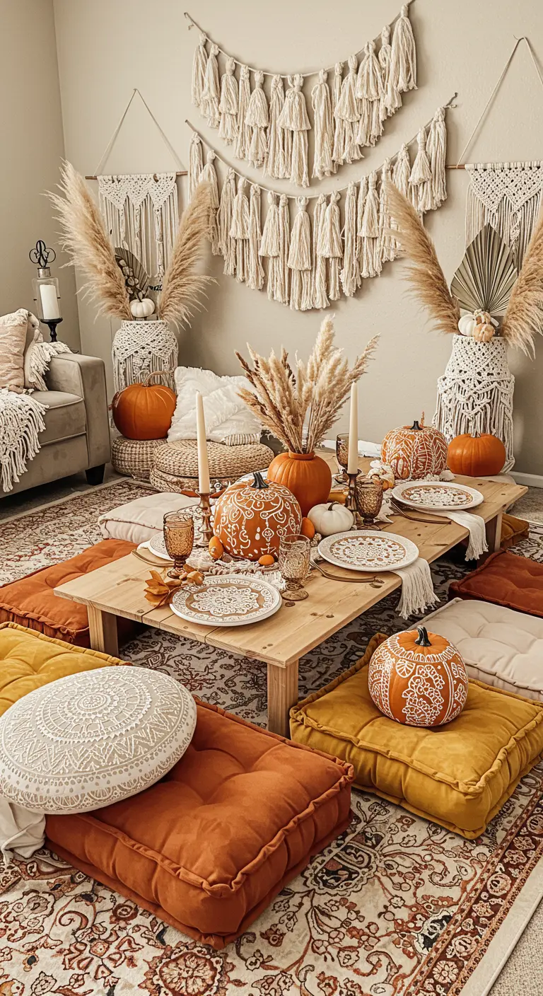 Pique-nique au sol de style bohème pour Halloween avec des citrouilles décorées.