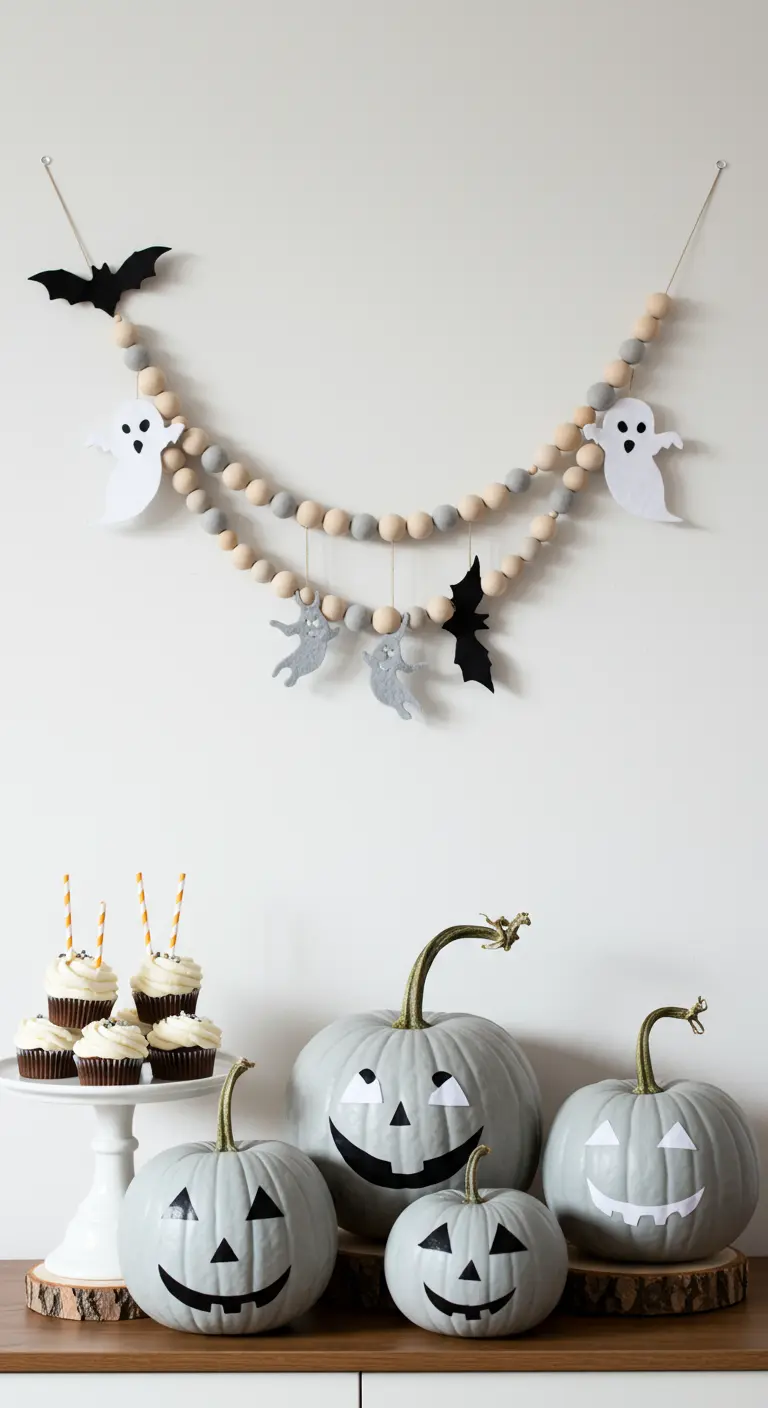 Décoration d'Halloween minimaliste avec des citrouilles grises et une guirlande de perles.