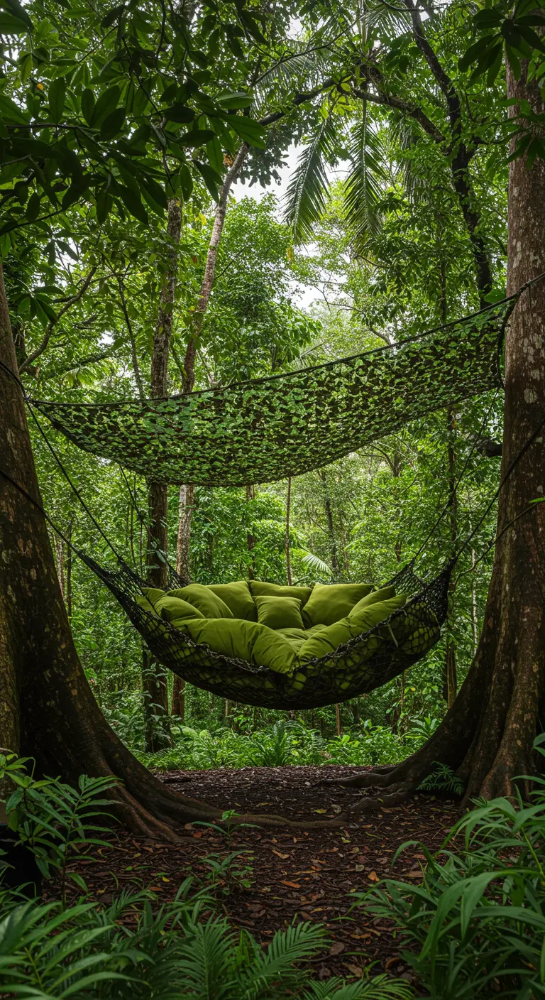 Grand hamac avec des coussins verts suspendu dans la jungle