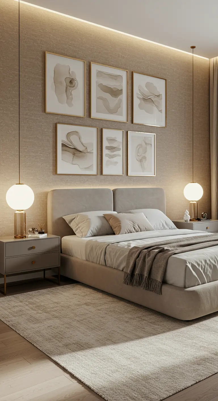 Galerie de cadres dorés avec des œuvres abstraites sur un mur texturé, éclairé par des LED discrètes.