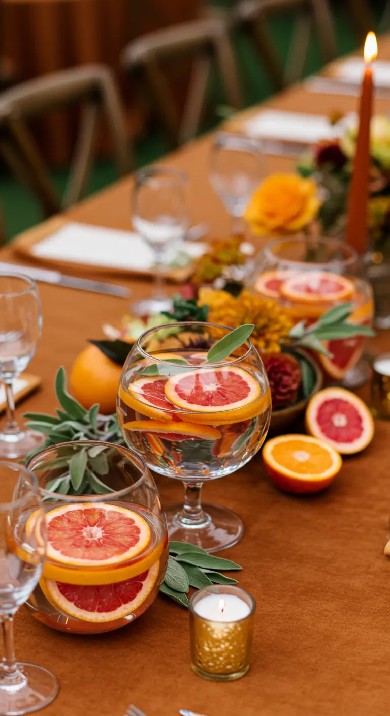 Table terracotta avec verres contenant des rondelles d'orange sanguine et de la sauge.