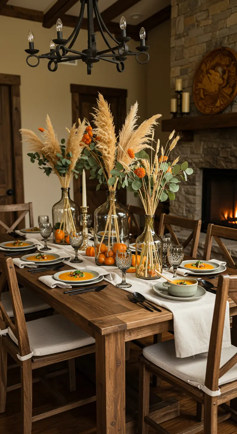 Table automnale avec potages individuels, vases en verre, herbes de pampa et citrouilles décoratives.