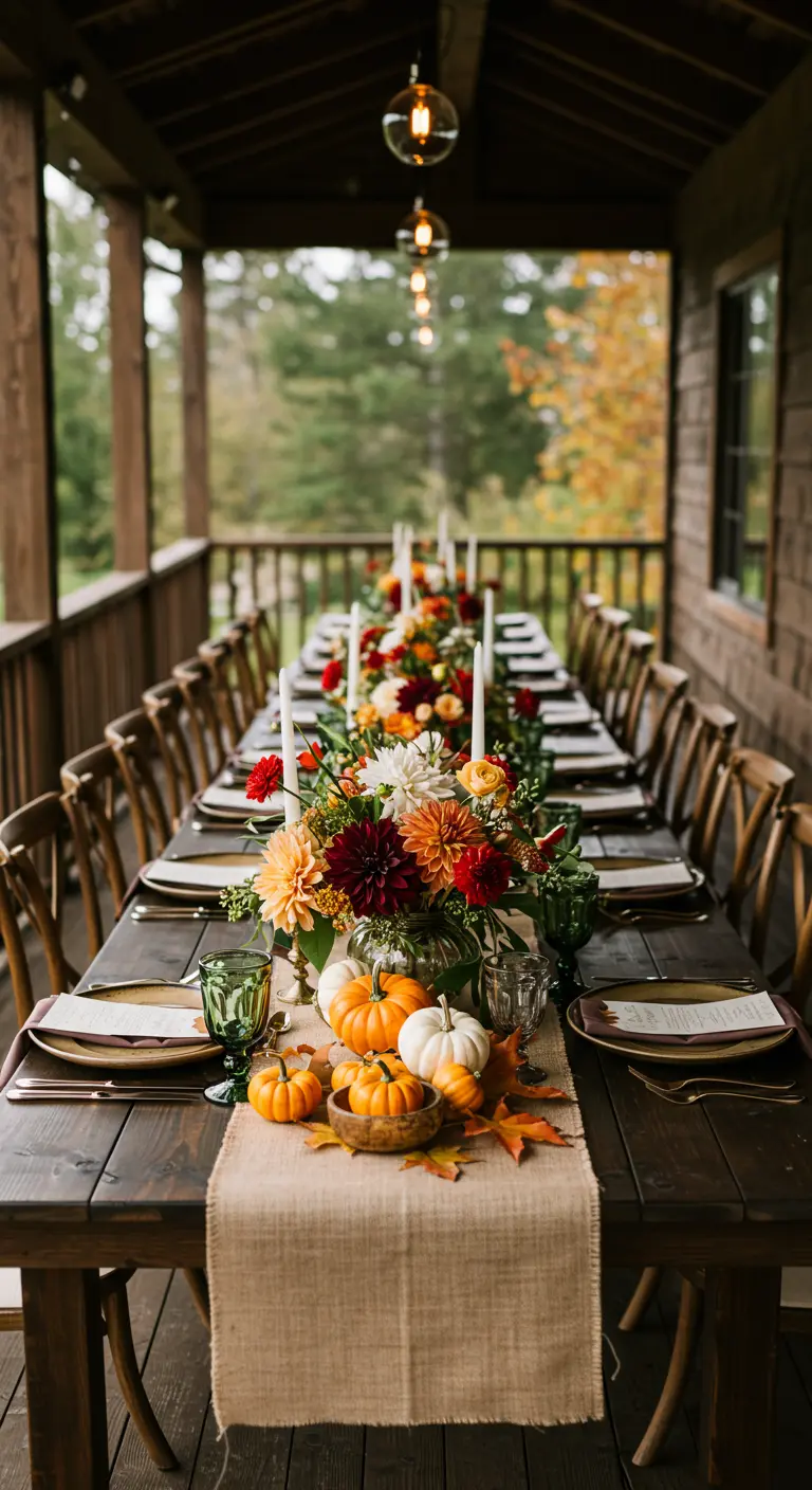 Table de mariage d'automne sur un porche avec citrouilles, fleurs et chemin de table en jute.