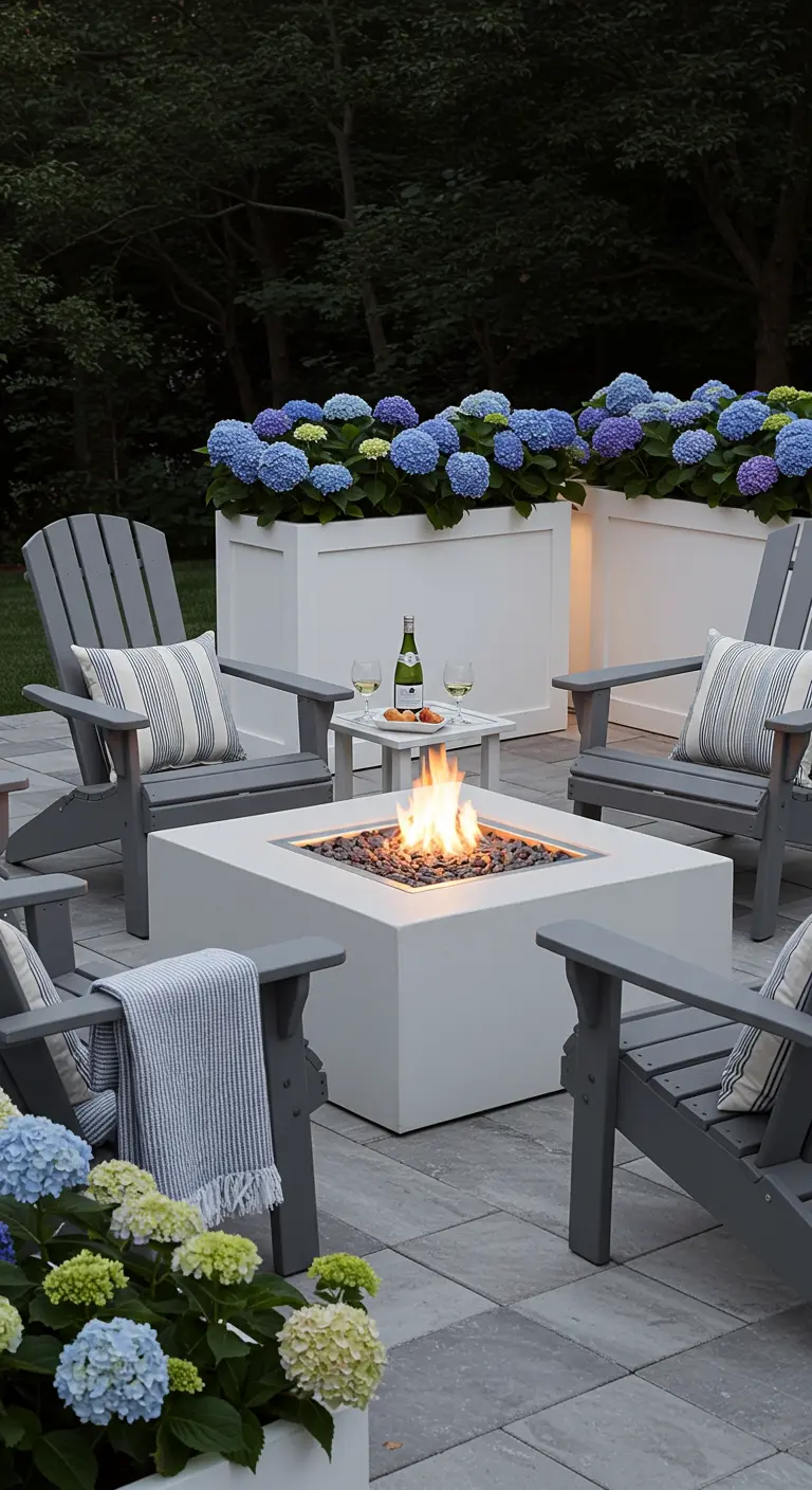 Patio élégant avec foyer blanc, fauteuils Adirondack gris et hortensias bleus