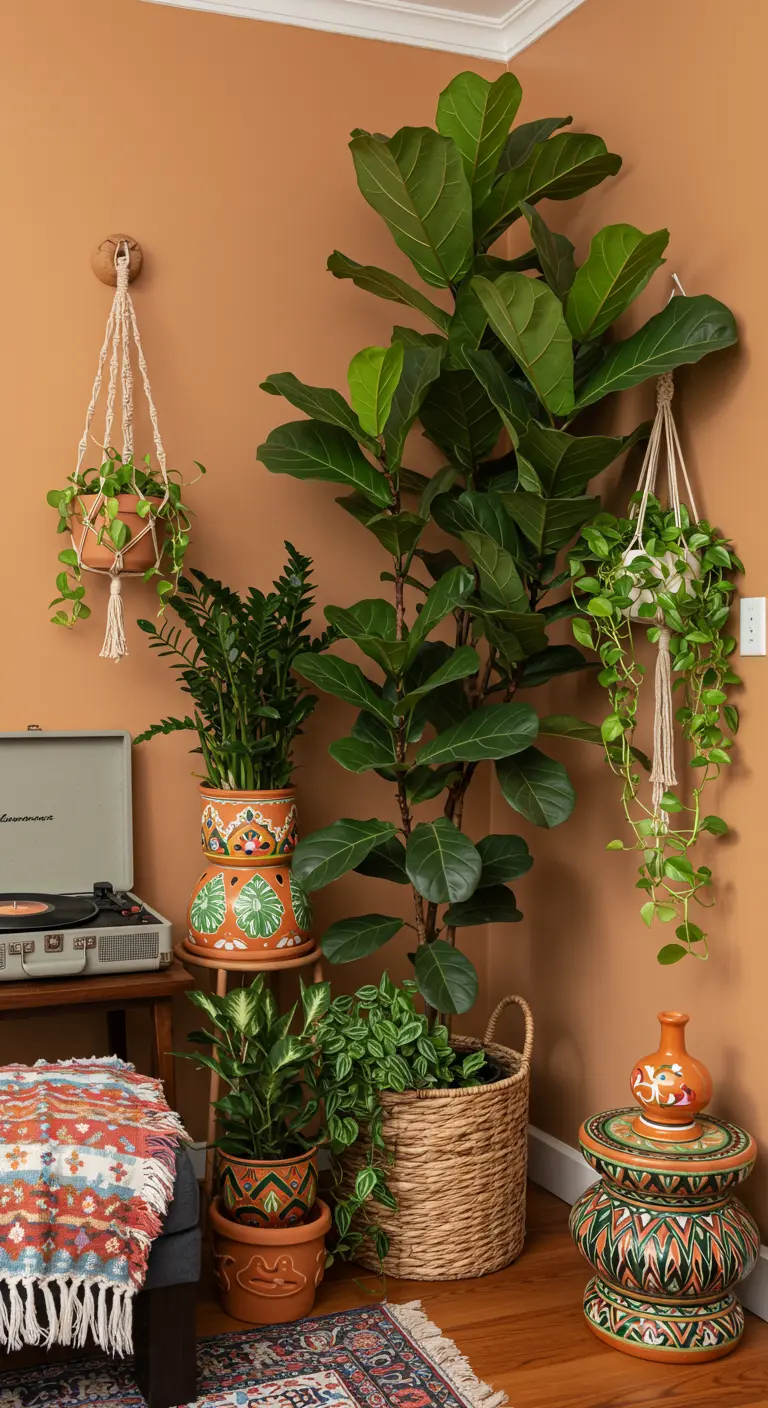 Coin bohème avec Ficus lyrata, plantes suspendues, pots ethniques et tourne-disque.