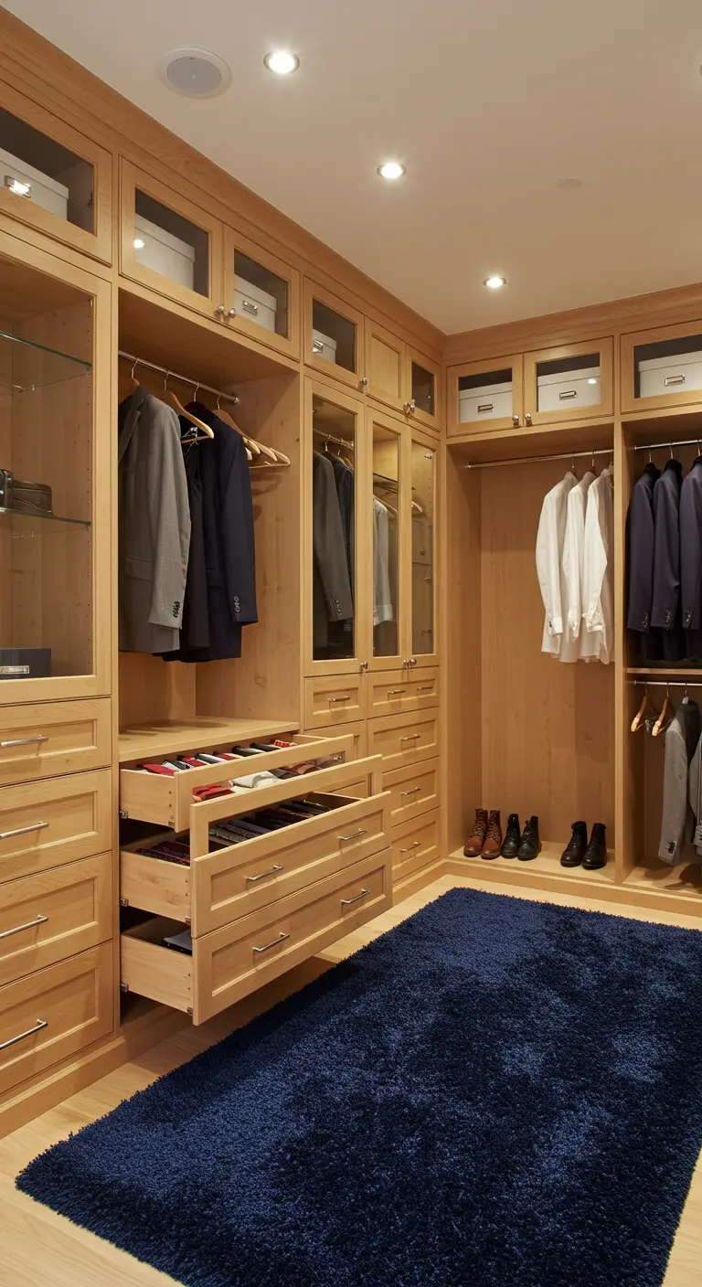 Dressing bois clair sur mesure avec tiroirs à cravates et tapis bleu.