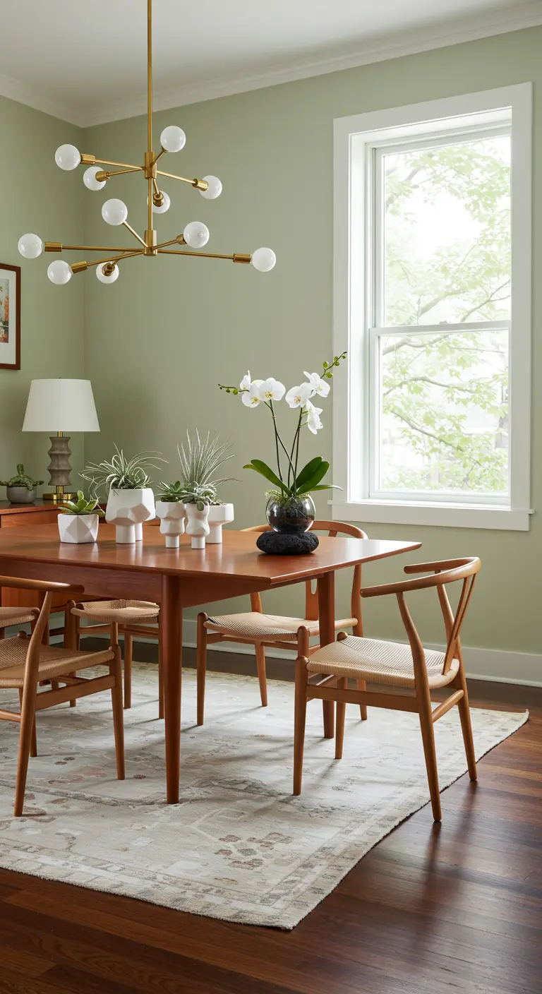 Table de salle à manger moderne avec un centre de table d'orchidées et de plantes aériennes dans des pots géométriques blancs.