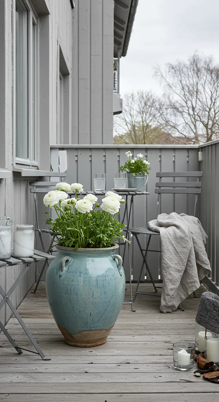 Balcon en bois gris avec mobilier assorti, un grand pot bleu-gris et des renoncules blanches.