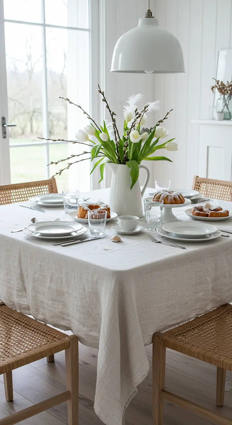 Table de Pâques lumineuse avec nappe blanche, tulipes blanches et chatons de saule dans un pichet, gâteaux maison.