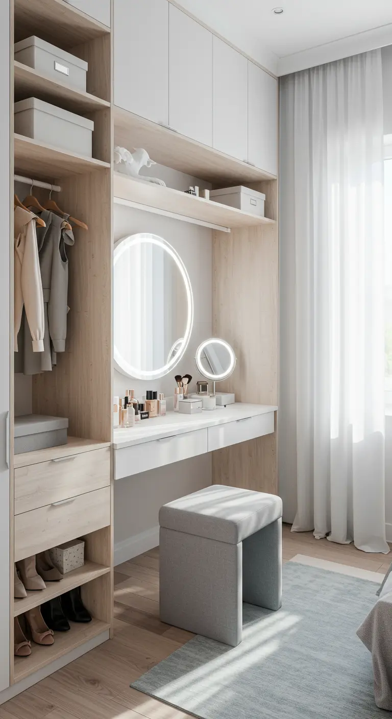 Coiffeuse intégrée en bois clair, miroir rond lumineux, tabouret gris simple.