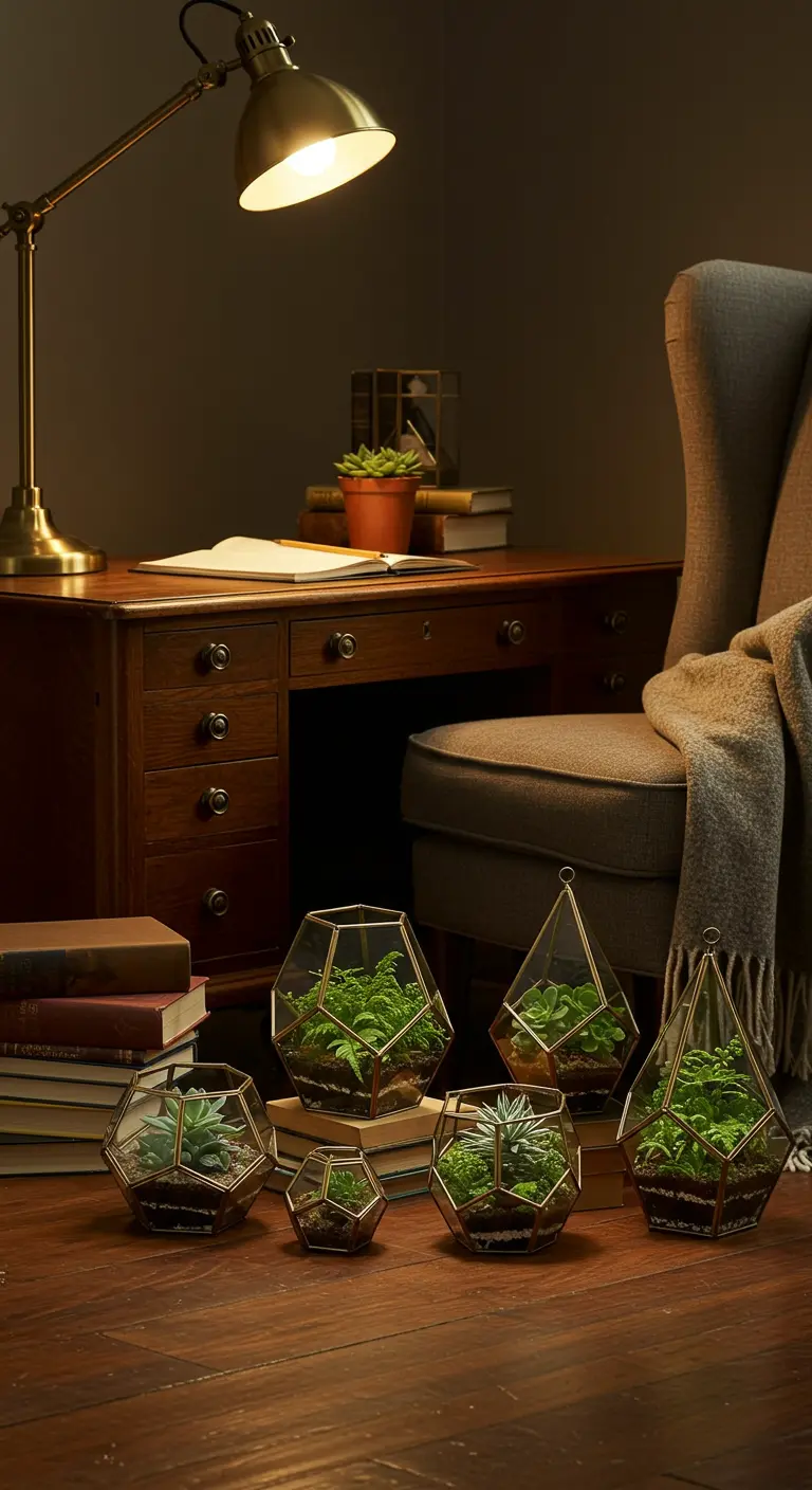 Collection de terrariums géométriques dorés avec plantes, posés sur le sol près d'un bureau classique.