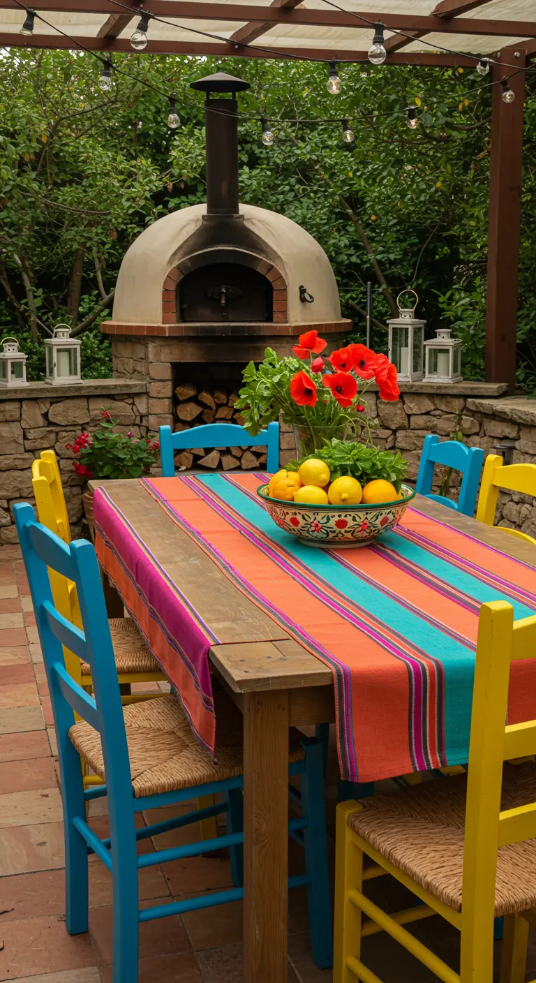 Table colorée près d'un four extérieur avec chaises bleues/jaunes, coquelicots rouges et citrons.
