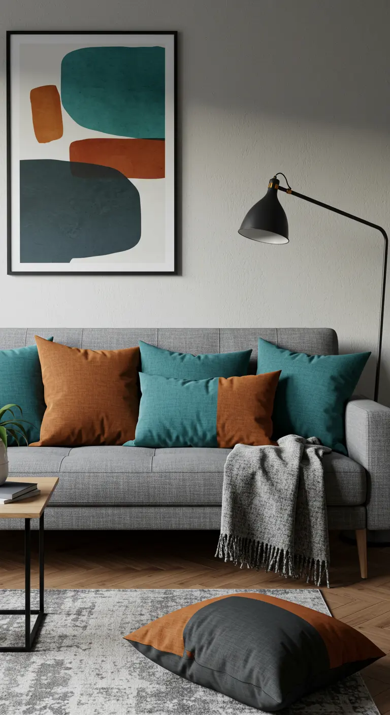 Canapé gris avec des coussins unis de couleur sarcelle et rouille, dans un décor contemporain.