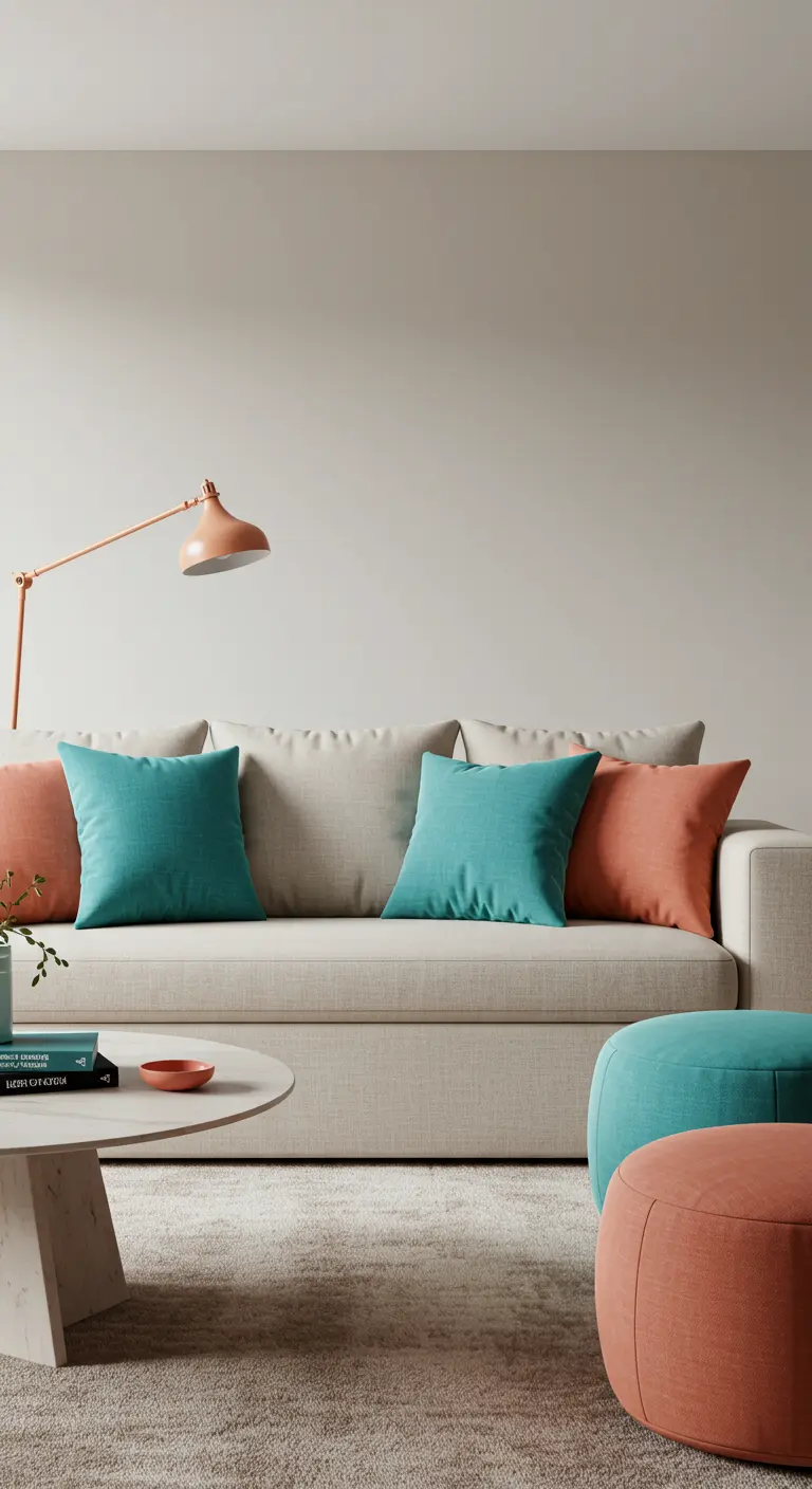Canapé neutre avec coussins sarcelle et corail assortis à des poufs.