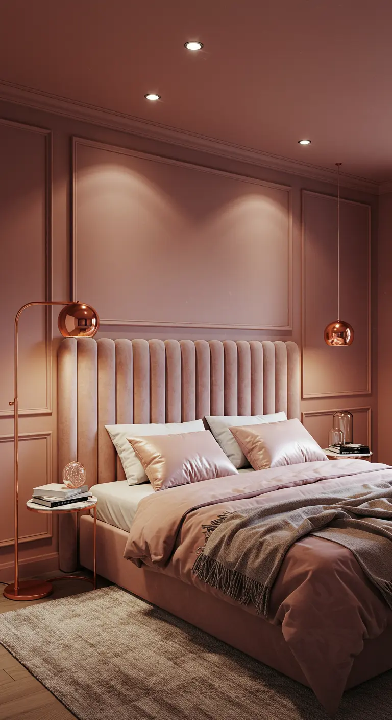 Chambre rose poudré avec lampadaire et suspension en cuivre assortis.