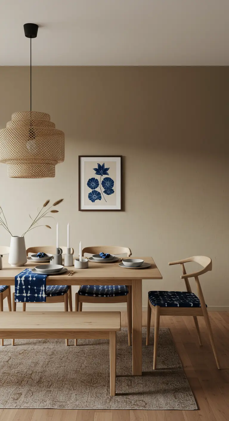 Table Japandi en bois clair, banc, chaises avec galettes indigo, affiche murale indigo.