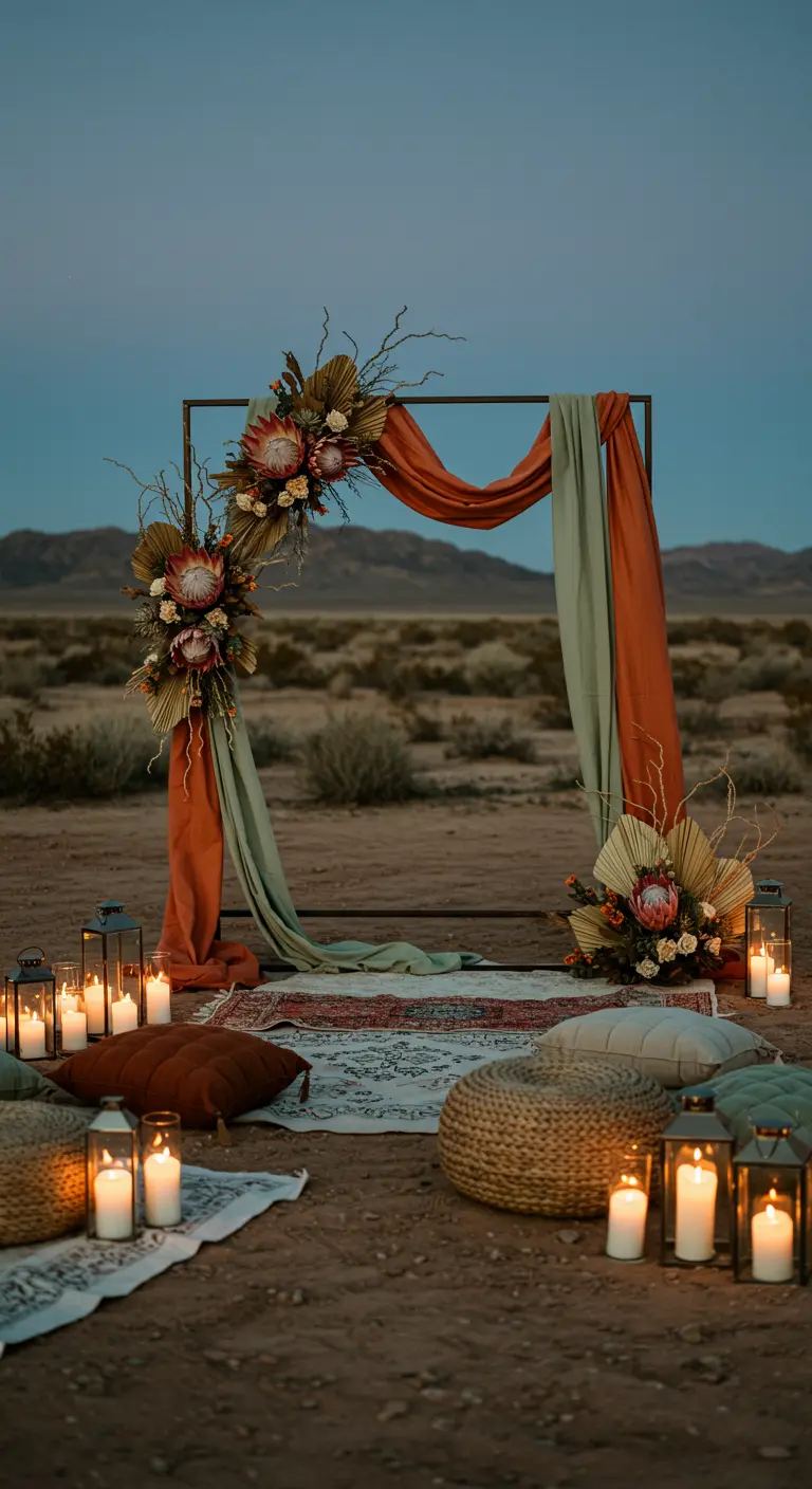 Arche de mariage dans le désert avec tissus rouille et sauge, fleurs séchées, lanternes et coussins.