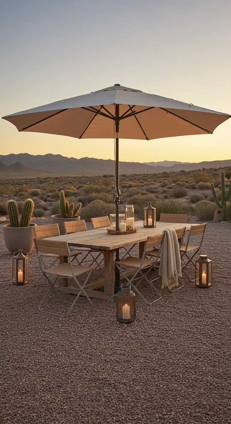 Table en bois brut, chaises neutres, grand parasol beige dans un paysage désertique avec cactus et lanternes.