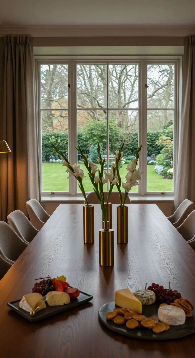 Longue table en bois, vases dorés avec des glaïeuls blancs, plateaux de fromages et fruits.