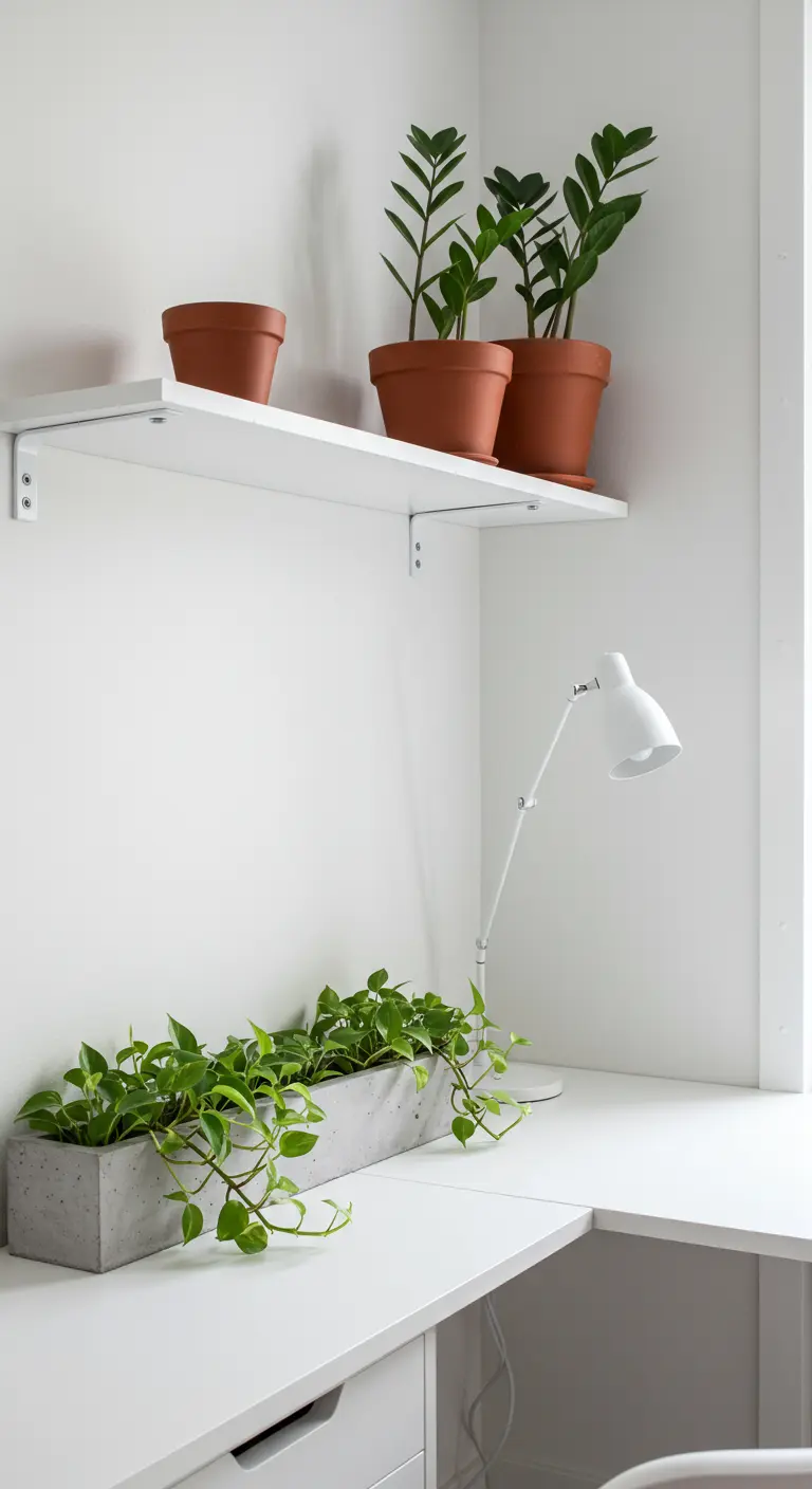 Jardinière en béton avec Pothos sur un bureau blanc et pots en terre cuite avec ZZ sur une étagère.