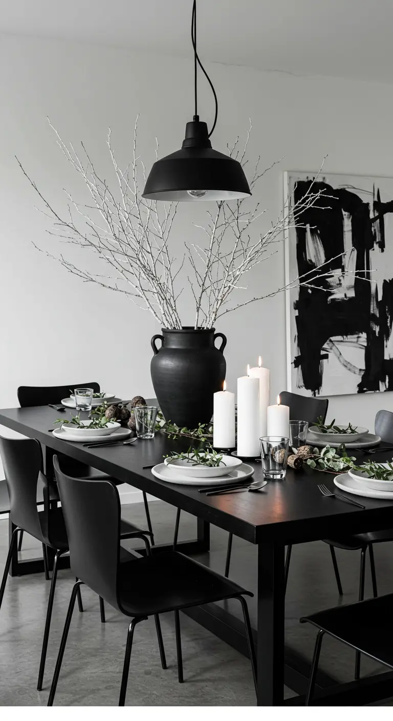 Table de salle à manger moderne noire et blanche avec un vase noir contenant des branches blanches et des bougies.