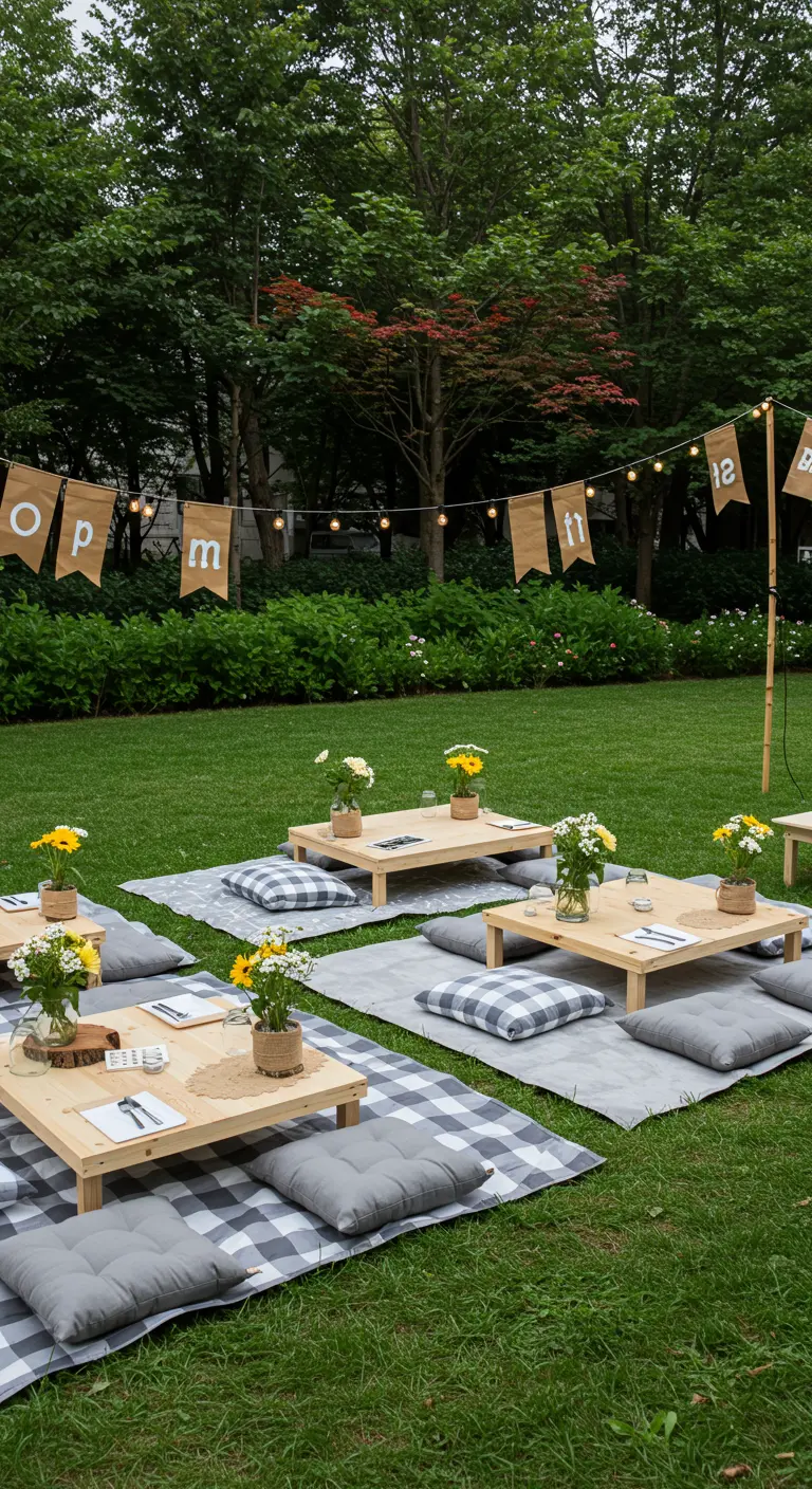 Pique-nique dans un parc verdoyant, nappes vichy grises, tables en bois et tournesols.
