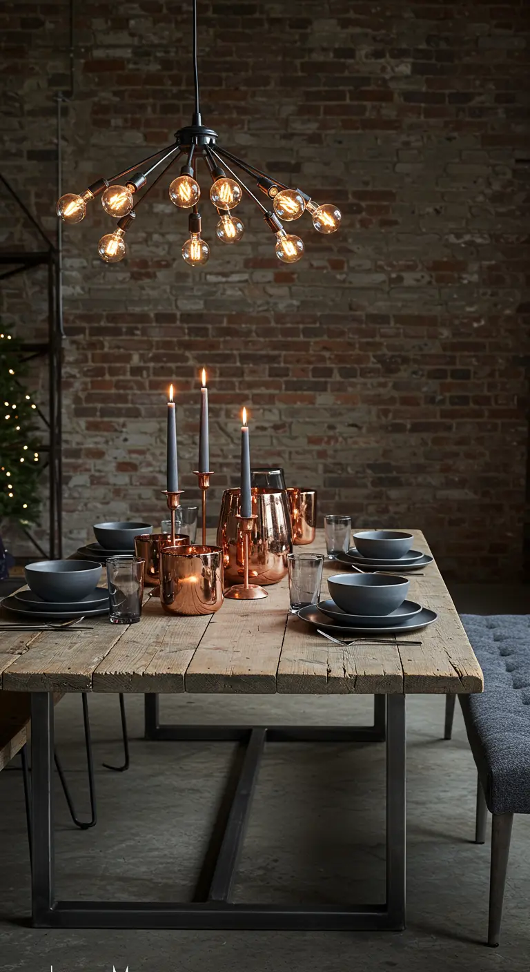 Table en bois brut, vaisselle grise, bougeoirs en cuivre, ambiance industrielle.