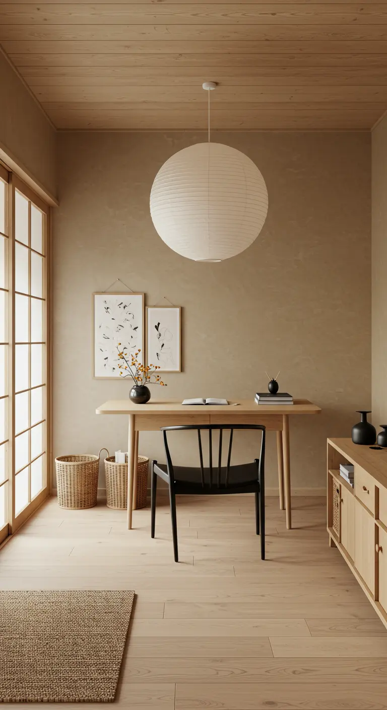 Bureau minimaliste de style Japandi dans une pièce aux tons beiges avec une suspension en papier.