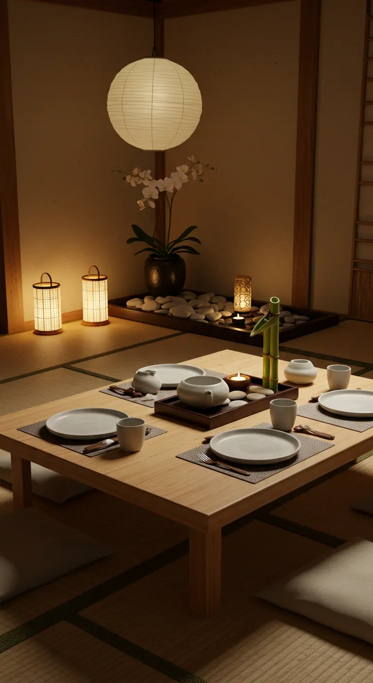 Table basse japonaise au sol, avec coussins, vaisselle épurée, bambou, galets et bougie, ambiance zen.