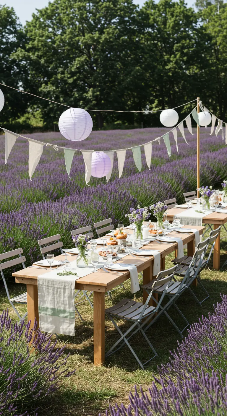 Dîner au milieu d'un champ de lavande avec tables en bois clair, lampions lilas et fanions blancs.