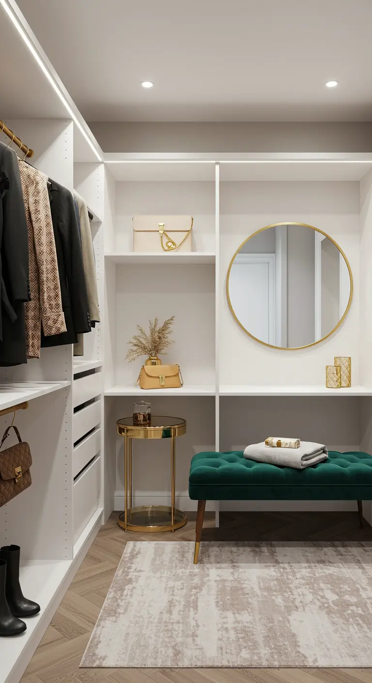 Dressing blanc avec banquette en velours vert émeraude, table d'appoint dorée et miroir rond.