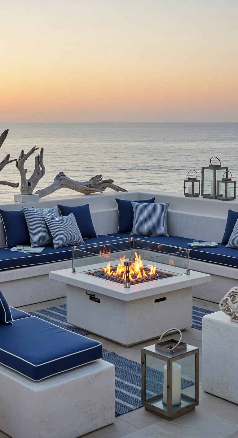Terrasse en bord de mer avec banquettes en béton blanc, coussins bleus, foyer à gaz protégé par verre.