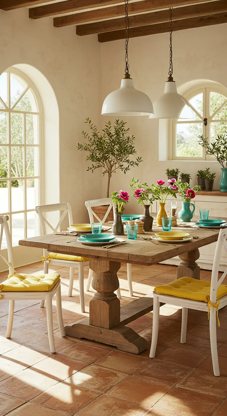 Table en bois ancien avec des chaises blanches et jaunes, et des fleurs fuchsia et herbes vertes.