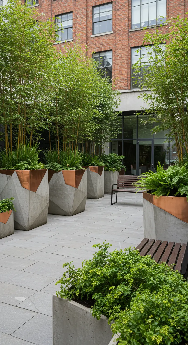 Pots en béton géométriques avec accents cuivrés et bambous sur un patio moderne