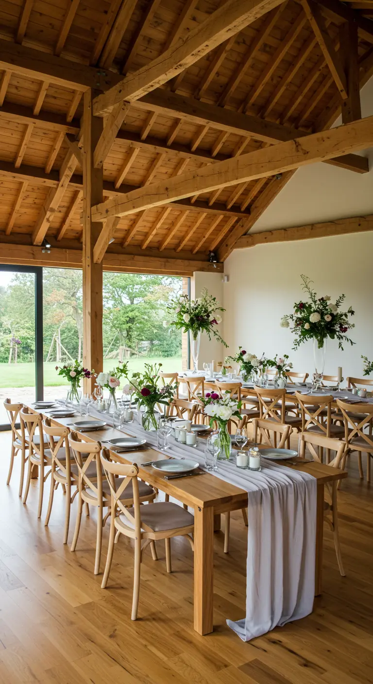 Grande salle en bois avec longues tables, chemins de table gris, bouquets de fleurs et chaises modernes.