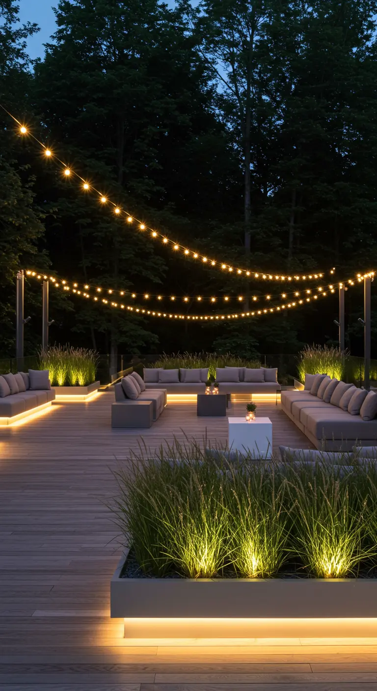 Grande terrasse moderne avec plusieurs salons extérieurs, jardinières et éclairage LED intégré.