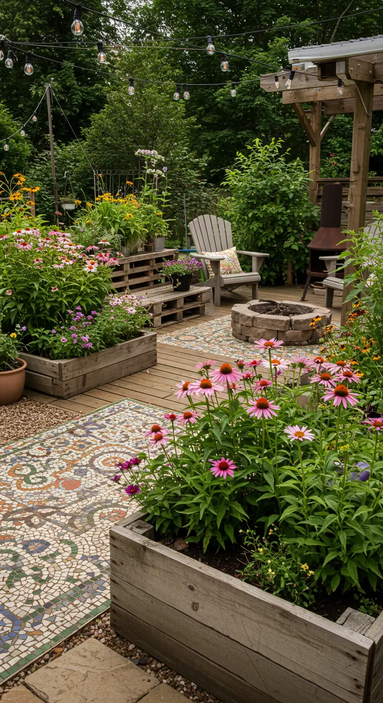 Jardin avec chemin en mosaïque, échinacées roses et soucis, bacs en bois et brasero