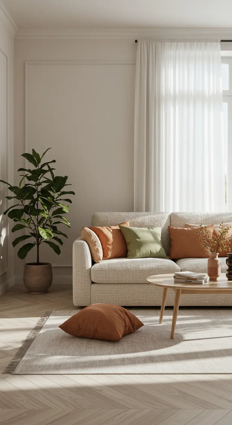 Canapé beige épuré avec des coussins aux teintes terreuses et une plante verte à côté.