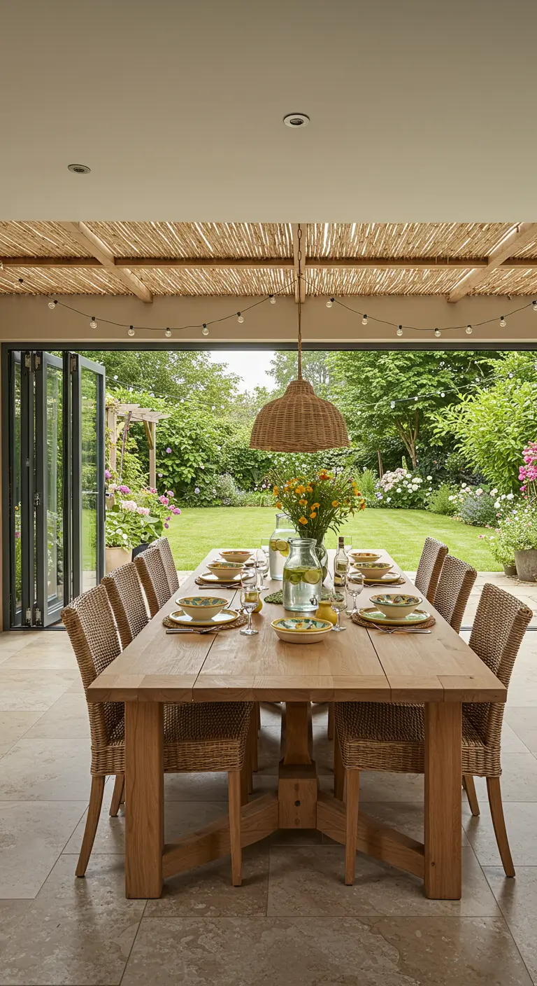 Table en bois et chaises en rotin avec vaisselle jaune doux et un jardin en arrière-plan.