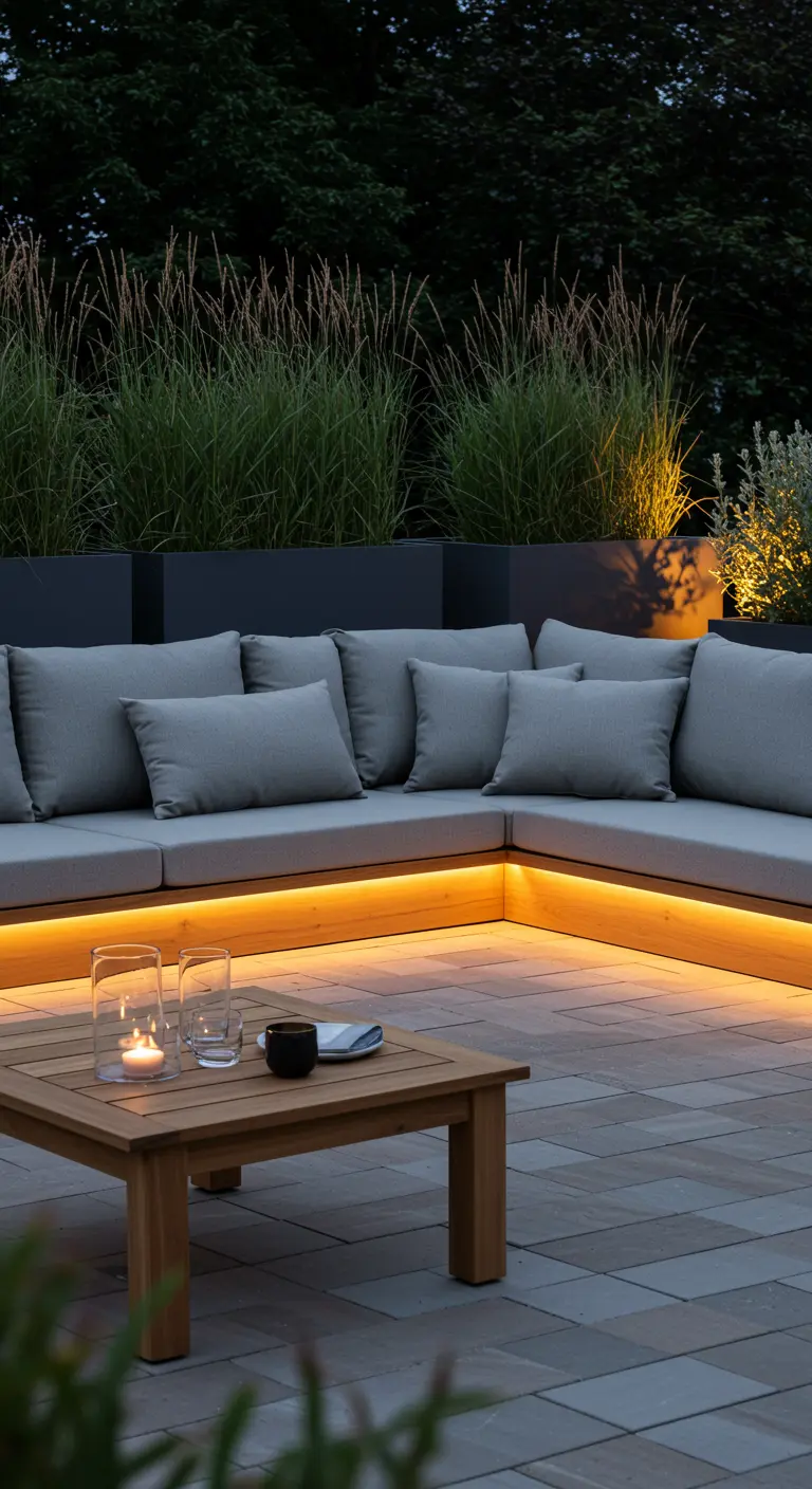 Canapé d'angle gris intégré avec LED chaudes, graminées hautes en jardinières, table basse en bois.