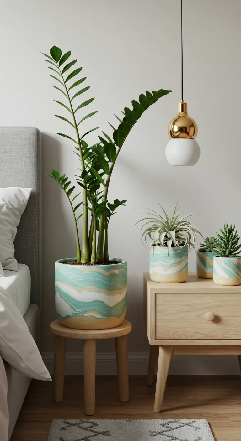 Pots marbrés vert d'eau et beige avec plantes vertes sur table de chevet scandinave.
