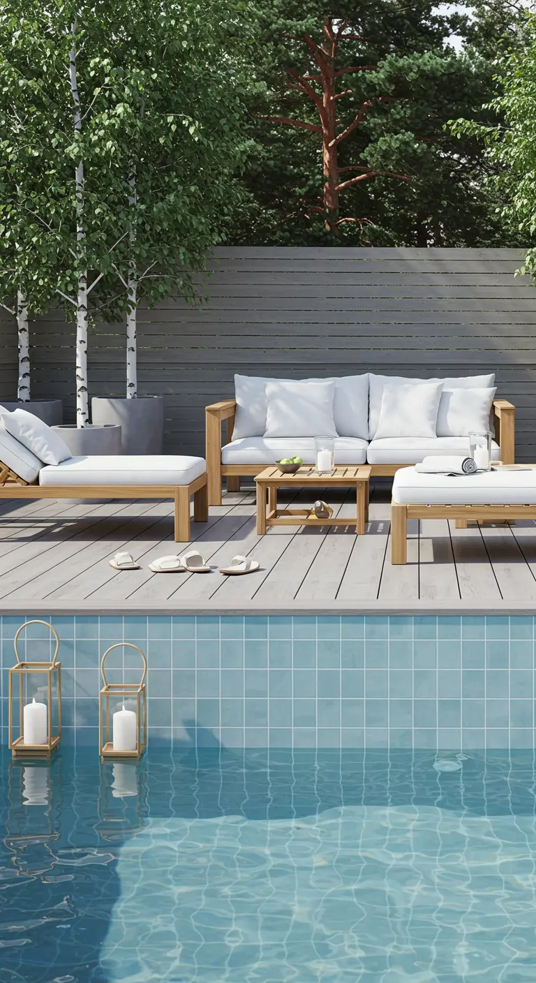 Lounge scandinave avec mobilier en bois clair, coussins blancs et piscine aux carreaux bleus.