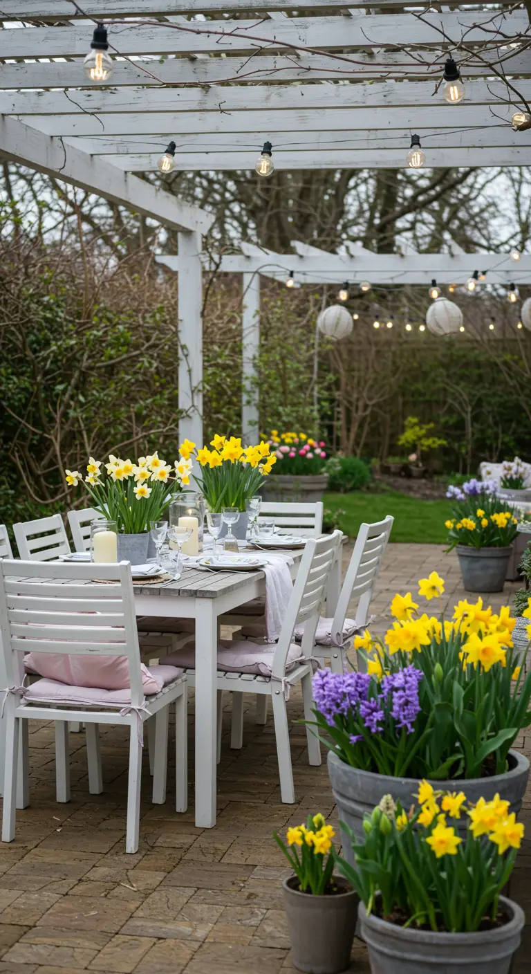 Table de jardin printanière décorée de narcisses et jacinthes, sous une pergola avec guirlandes lumineuses.